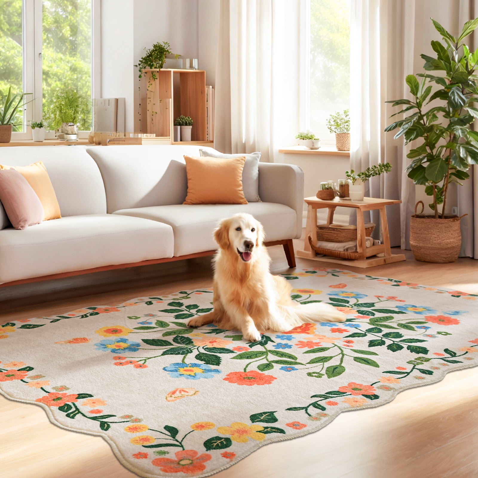Pentantan Floral Area Rugs 8'x10', Machine Washable Rug for Living Room Non-Slip Vintage Soft Indoor Carpet for Bedroom, Dining Room, Playroom, Office, Beige