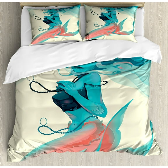 Mermaid Duvet Cover Set, Portrait of Gothic Style Makeup Art Fantasy Illustration Print, Decorative 3 Piece Bedding Set with 2 Pillow Shams, Queen Size, Cream Teal Pink, by Ambesonne