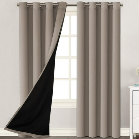 100% Total Blackout Curtains with Black Liner Thermal Insulated Decorative Grommet Curtain Panels Set Taupe Curtains Pair for Living Room Blackout Curtains 108 inches Long