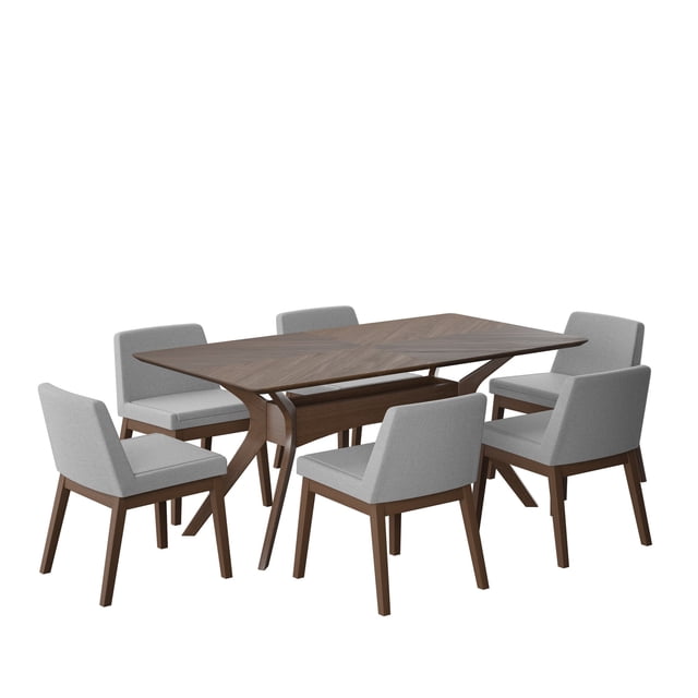 Juego de Comedor de Madera con 6 Sillas Tapizadas para 6 Personas, Mesa y Sillas para Comedor y Cocina, Midtown Concept Lisboa, Nogal y Gris Claro