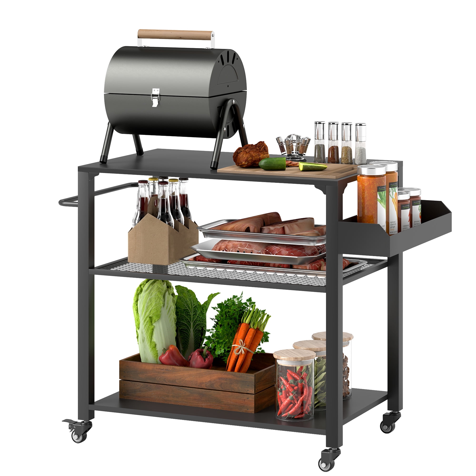 Grill Cart Outdoor Kitchen Island - Black Metal Rolling Prep Table w/ Shelf & 4 Wheels - 41.3" x 19.7" - 100lbs Capacity