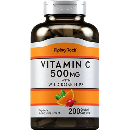 Vitamin C 500 mg | 200 Tablets | with Rose Hips | Vegetarian, Non-GMO, Gluten Free Supplement | by Piping Rock