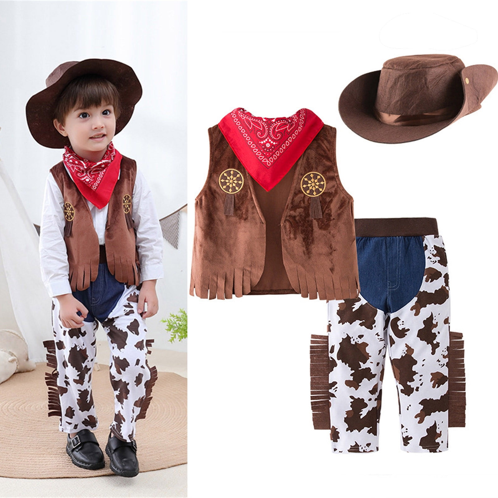 TJAZFJPA Halloween Baby Clothes Unisex Kids Toddler Baby Boys Sleeveless Western Cowboy for Kids Children Vest Hat Scarf Pants 4Pcs Set Party Fantasia