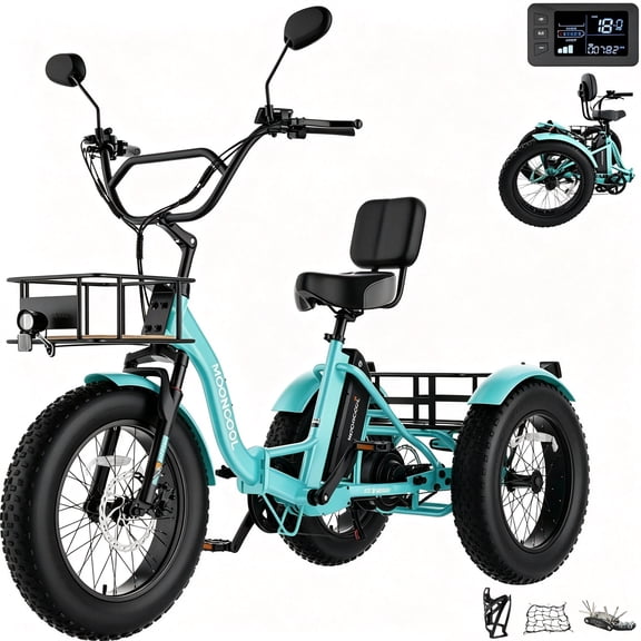 MOONCOOL Adult Folding Electric Tricycle , 20" x 4" Fat Tire, 48V 500W Motor w/ 1092W Peak Power Electric Bicycle, 7 Speed Ebike w/ 14.5Ah UL2849 (By SGS) Battery,60 Miles, 15.5 MPH,Class 2
