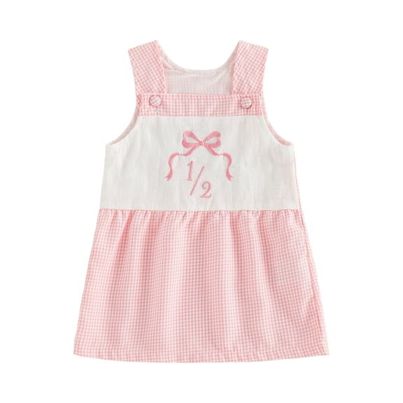 BemeyourBBs Half Way to One Baby Girl 1/2 Half Birthday Outfit Summer Dress Sleeveless Square Neck Bow Embroidery A-Line Dress Toddler Baby Girls Plaid Gingham Dress