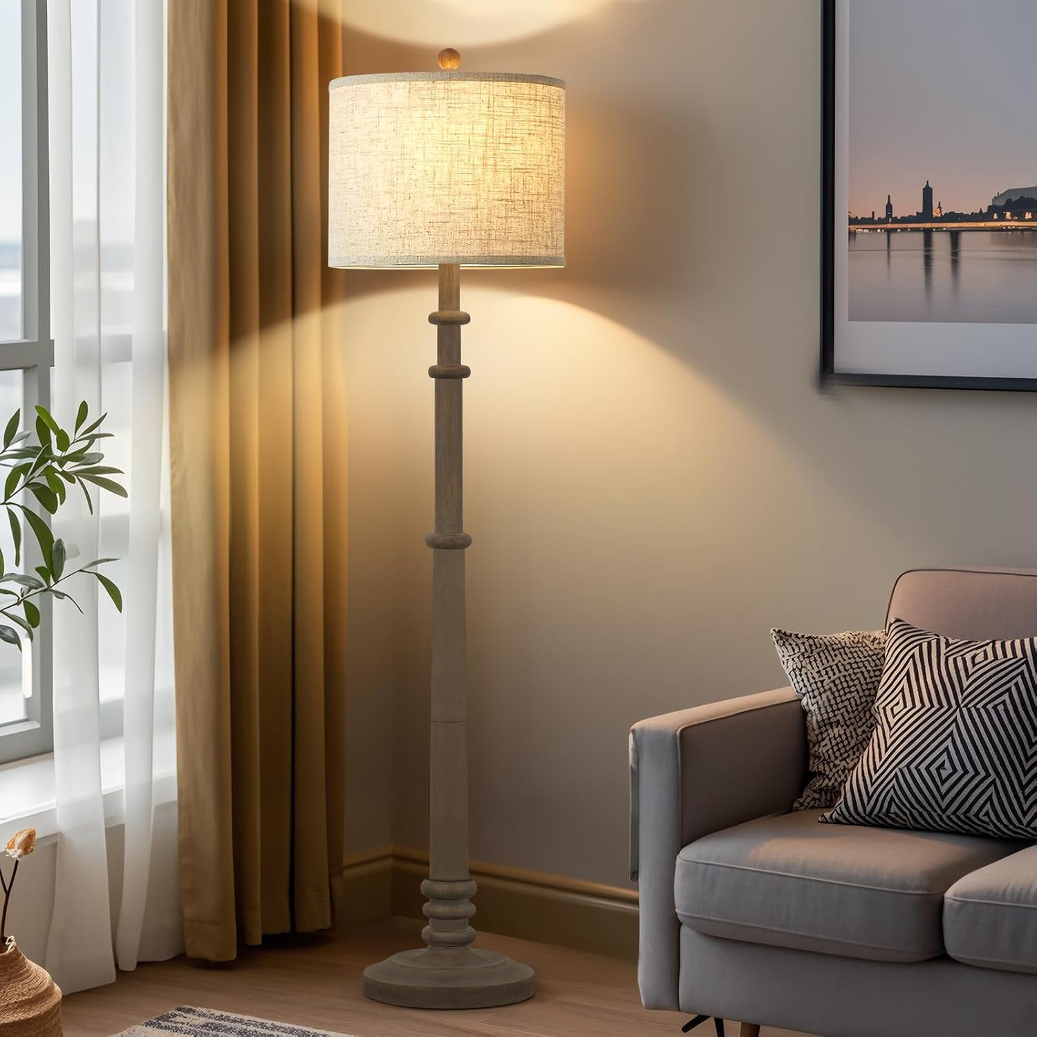 Floor Lamps for Living Room - 60" Resin Farmhouse Floor Lamp with Adjustable Color Temperatures - Vintage Standing Lamp Reading Light with Linen Shade Retro Tall Lamp for Bedroom Office, Black