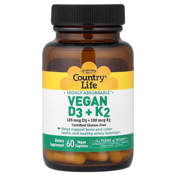 Country Life Vegan D3   K2, 60 Vegan Capsules