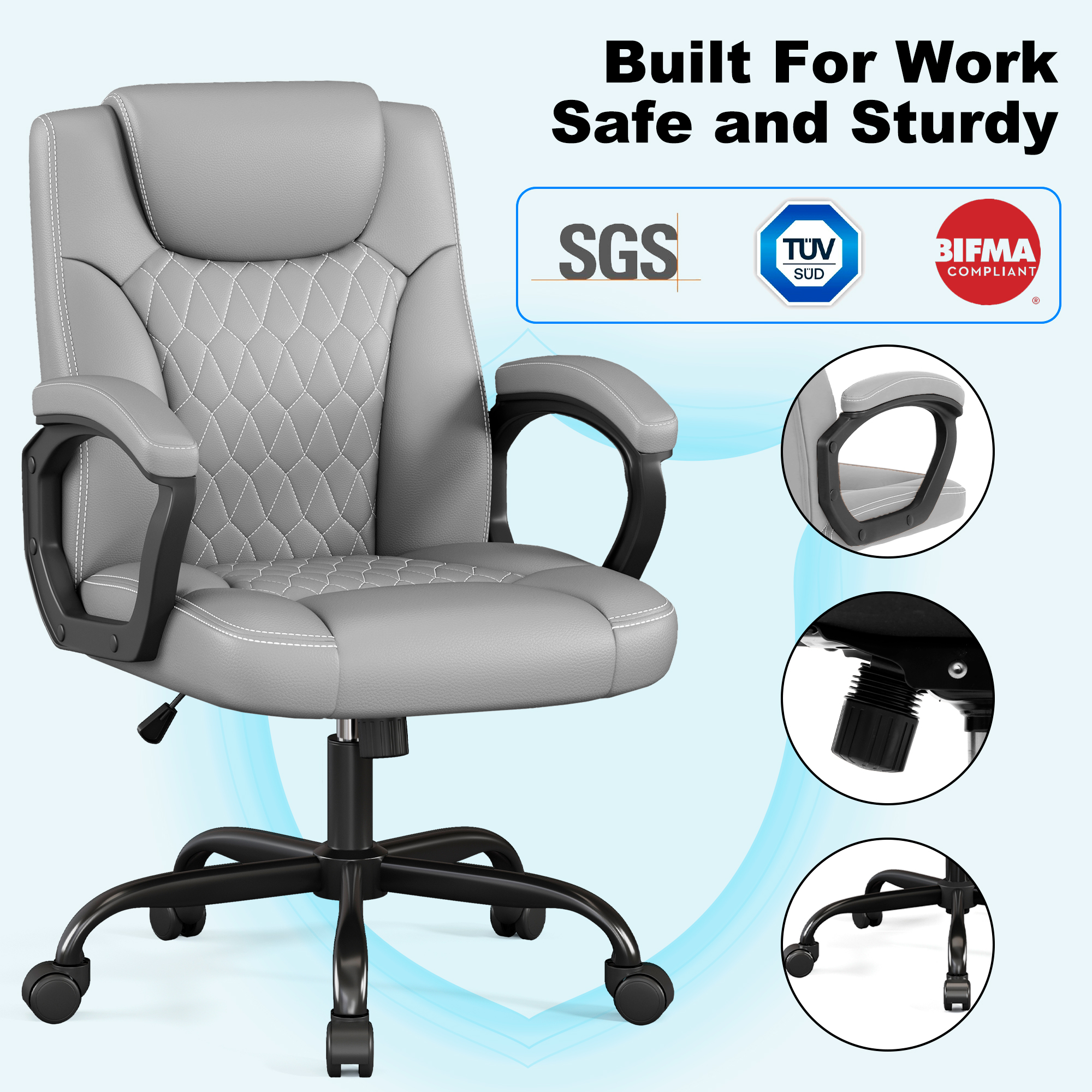 Misolant Office Chair, Executive Desk Chair, PU Leather Comfortable Executive Chairs with Fixed Armrest, Adjustable Height, Rocking Function, 360° Swivel Wheels