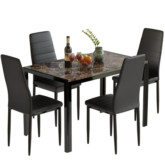 AWQM Faux Marble Dining Table Set for 4,Kitchen Table and Chairs,5 Piece Dining Room Table Set,Rectangular Table and 4 PU Leather Chairs for Living Room,Small Space,Breakfast Nook,Brown&Black