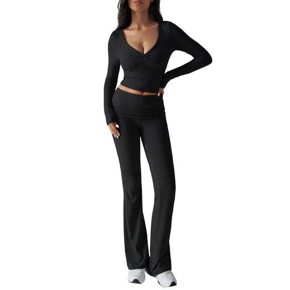 Women'S 2 Piece Matching Lounge Sets Two Pieces Sweat Outfits Long Sleeve Wide Leg Pants Tracksuits Black XS