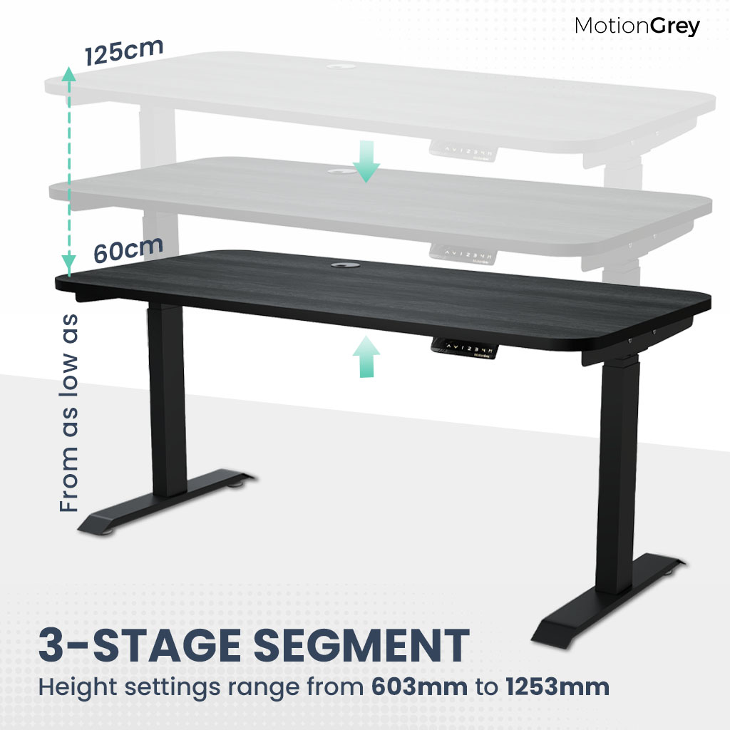 MotionGrey Height Adjustable German Electric Dual Motors Sit to Stand Office Standing Desk - Black Frame with Black Top (165cmx60cmx2.5cm)