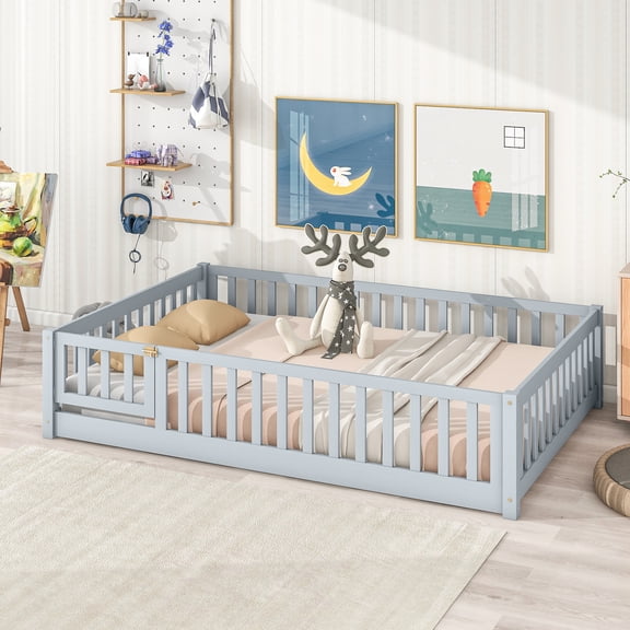 Full Size Floor Bed with Fence and Door,Rubber Wood Floor Bed with Safety Guardrails,for Living Room & Bedroom,Grey