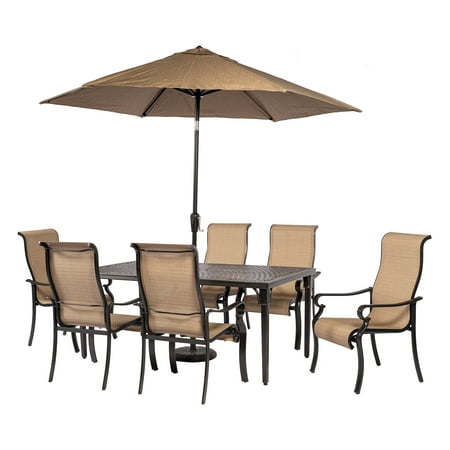 Hanover Brigantine 7-Piece Modern Outdoor Dining Set | 6 Sling Chairs | 40 x 76 Expandable Cast-Top Table | Weather Rust UV Resistant | Tan | BRIGDN7PC-EX
