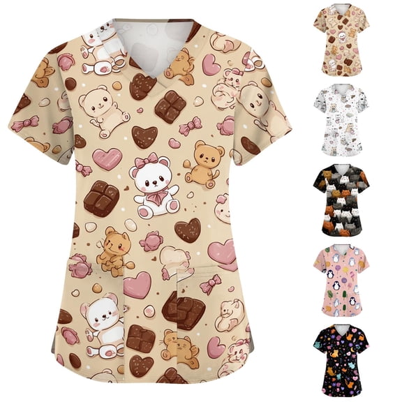Womens Scrub Tops Cartoon Short Sleeve V Neck Medical Uniform Nurse Soft Medical Scrubs with Pockets, 2XL