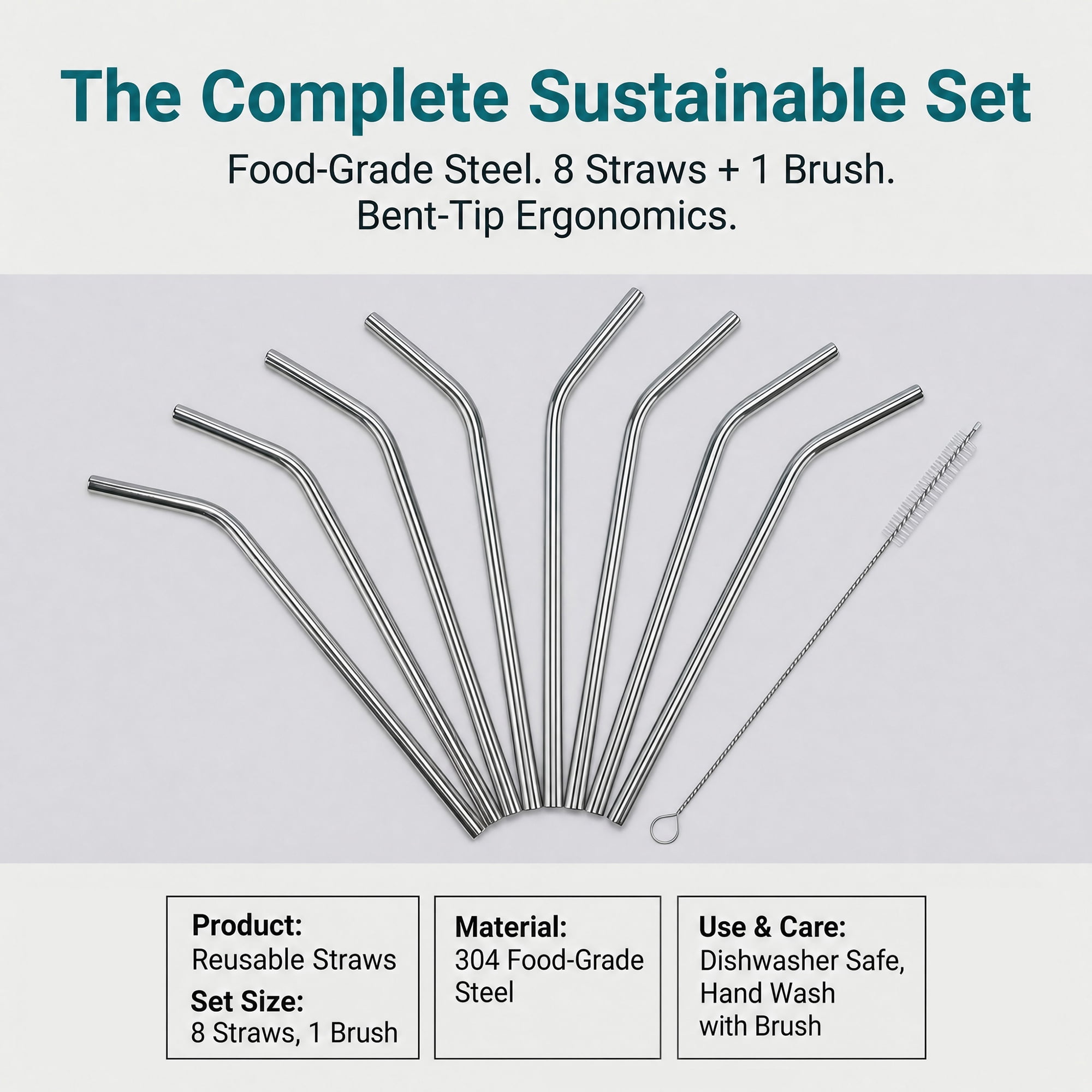 Unique Bargains 8Pcs Reusable Stainless Steel Straws with Brush Bend Pipe 0.4" x 10.4"