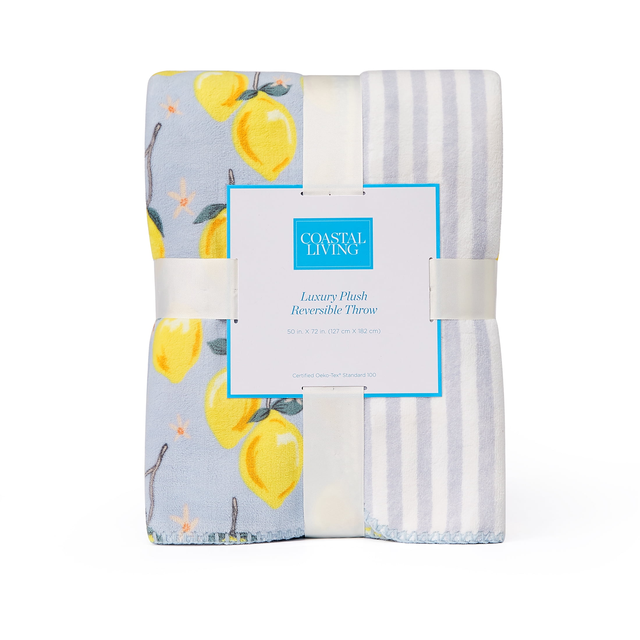 Coastal Living Throw Blanket, Reversible Plush Fleece Blanket for Couch, Yellow Lemons, 50" x 72"