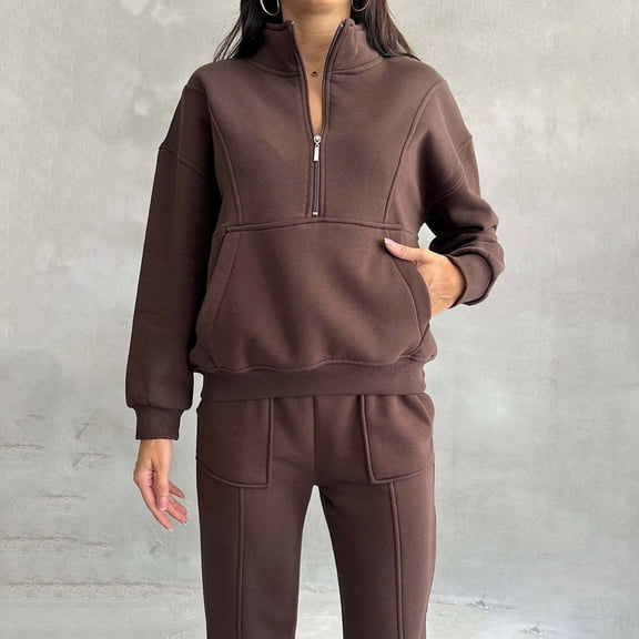Women's Thermal Half Zip Sweatsuit Set, Fleece Lined Two Piece Outfit, Solid Color Pullover and Straight Leg Pants, Winter Workout Set, Running Yoga Outfit Coffee L