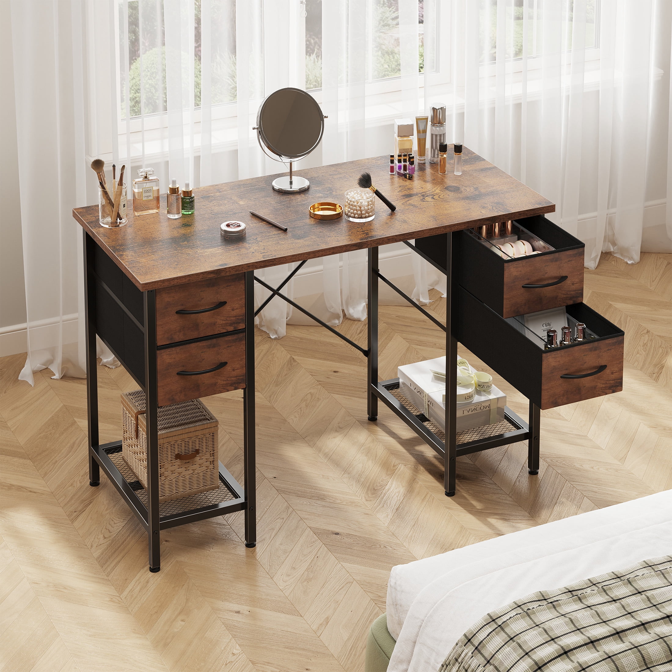 EDX 47 Inch Computer Desk with 4 Drawers, Office Desk with Mesh Shelf, Gaming Desk, Writing Work Desk, Large Storage, Rust