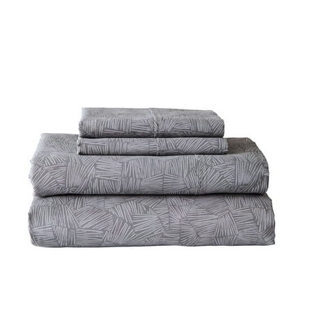 Better Homes & Gardens 300 Thread Count 4-Piece Cotton Percale Ziggy Geo Print Grey Flannel Bed Sheet Set, Full