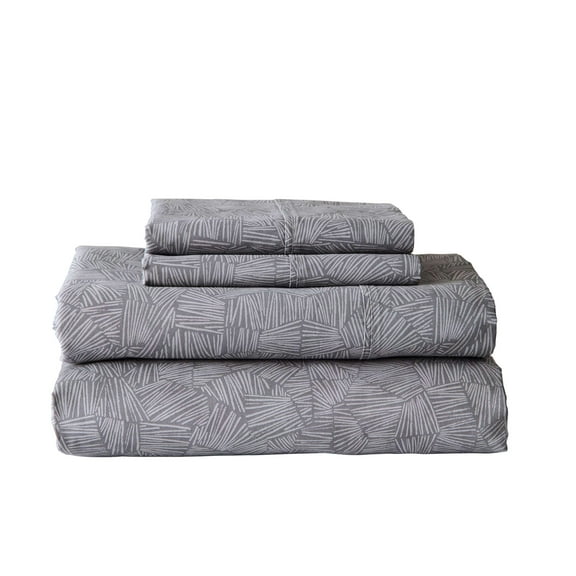 Better Homes & Gardens 300 Thread Count 4-Piece Cotton Percale Ziggy Geo Print Grey Flannel Bed Sheet Set, Queen