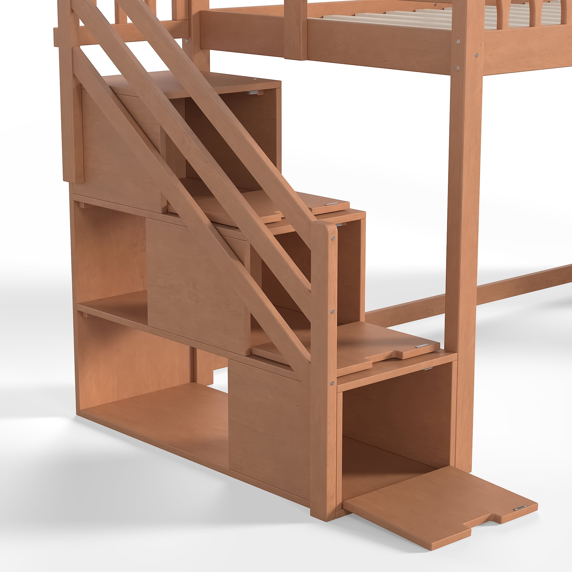Leumius Twin Size Loft Bed with Storage Stairs, Slide & Built-in Wardrobe,Soild Wood Loft Bed Frame with High Guardrail,Walnut