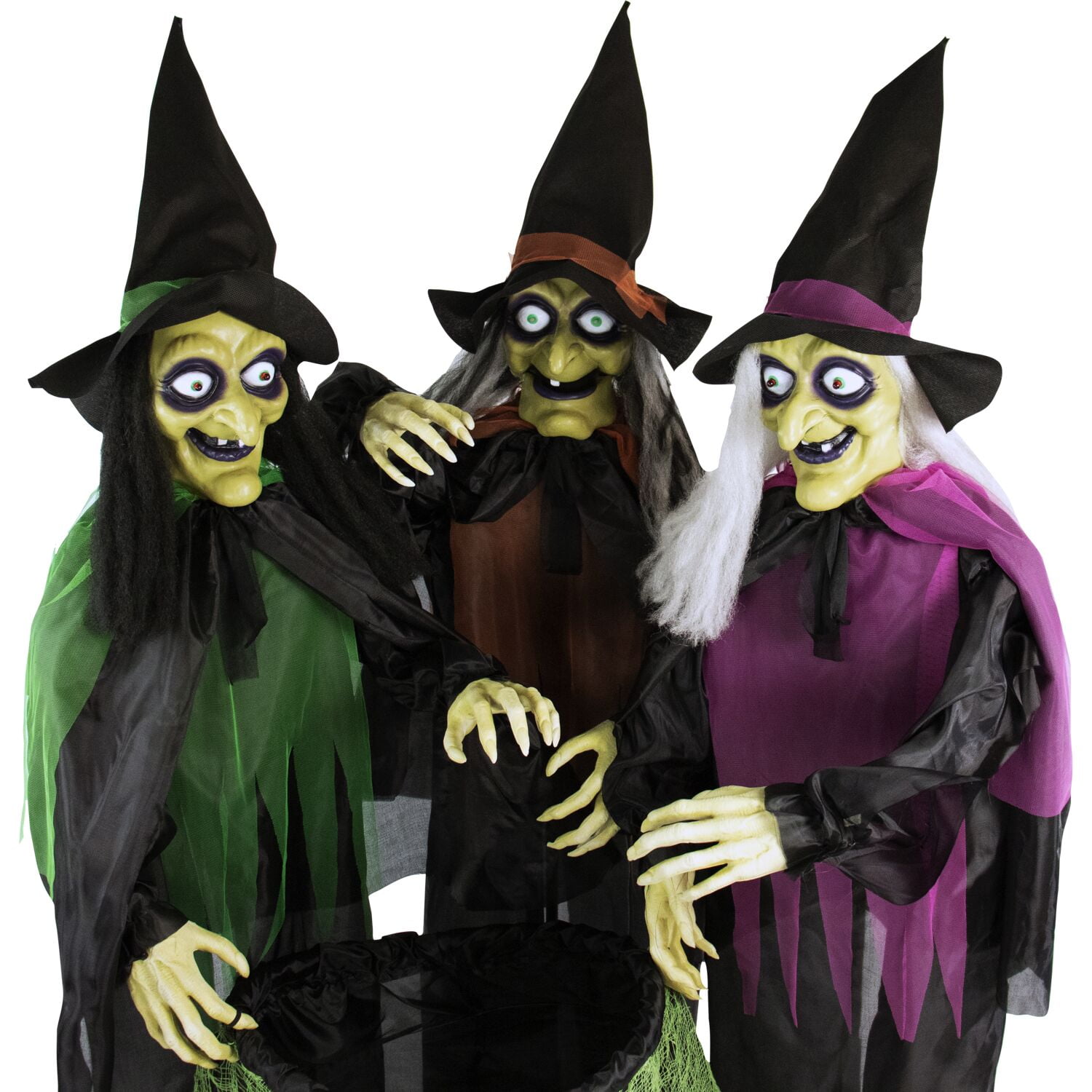 Haunted Hill Farm 5.7 ft Animatronic 3 Witches with Cauldron, Indoor/Covered Outdoor Halloween Decoration with Light-up Eyes, HHWITCH-15FLS