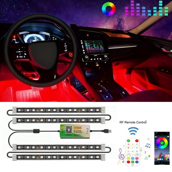 QIULIGHT Multi-Color Car Interior Lights, 12.6 in LED Car Atmosphere Lights Strip with App Control, Universal RGB Bluetooth Sound-Responsive Interior Lights for Cars, SUVs, Truck