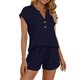 thumbnail image 1 of Camiseta de Manga Corta de Cuello en V de Color Sólido con Pantalones Cortos de Cintura Elástica Bolsillos Casual Lounge, 1 of 6
