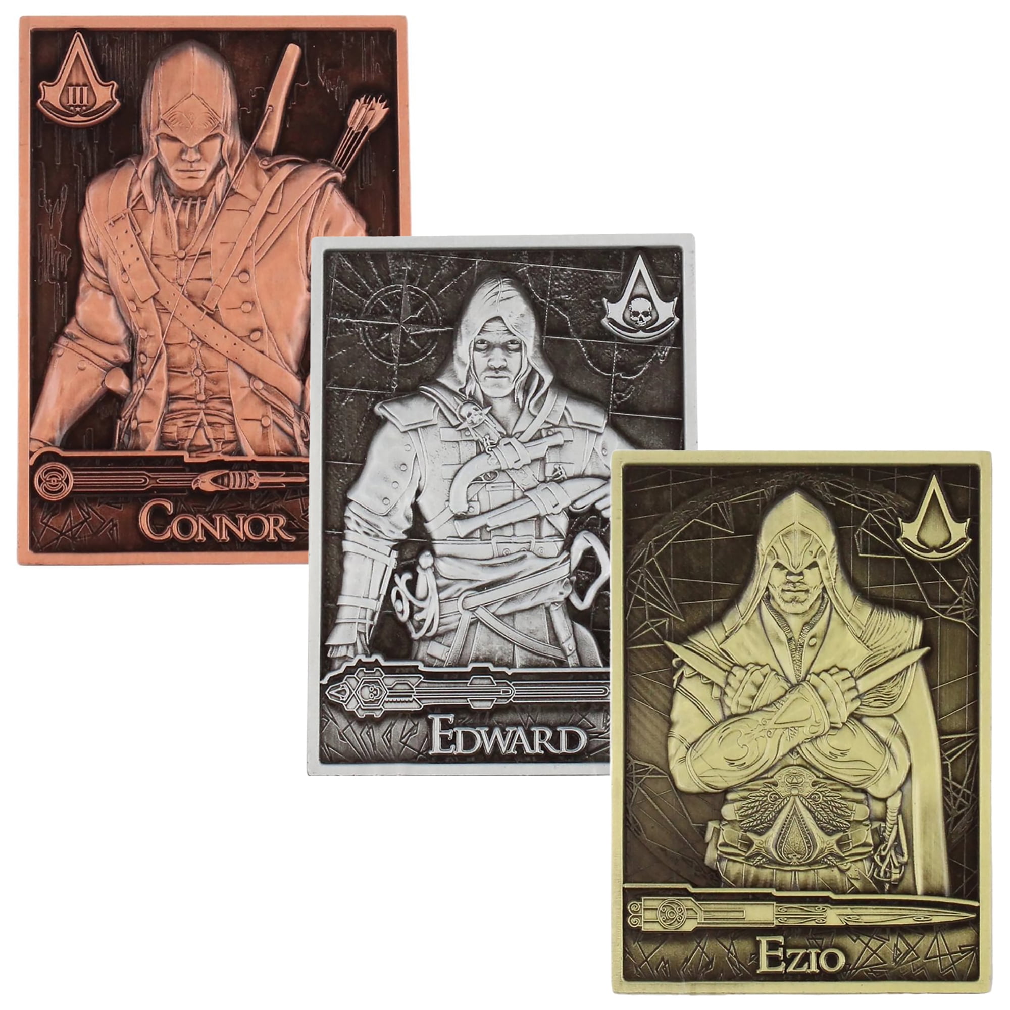 Exquisite Gaming: Digiplate Starter Pack - Assassins Creed: Assassins - 3 Collectible Metal Cards & Phone Stand, Copper-Gold-Silver Image Plates