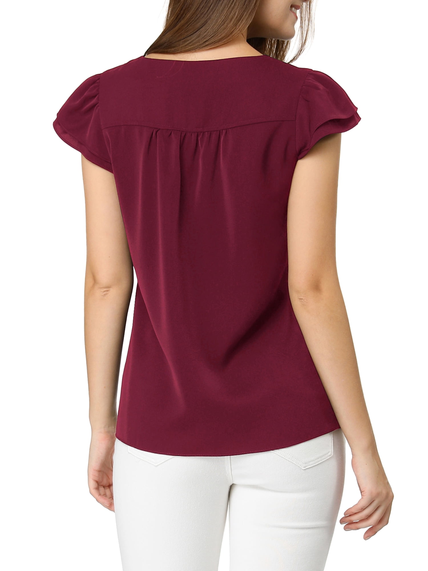 DARING DIVA Women's V Neck Casual Solid Cap Blouse Top XL Burgundy