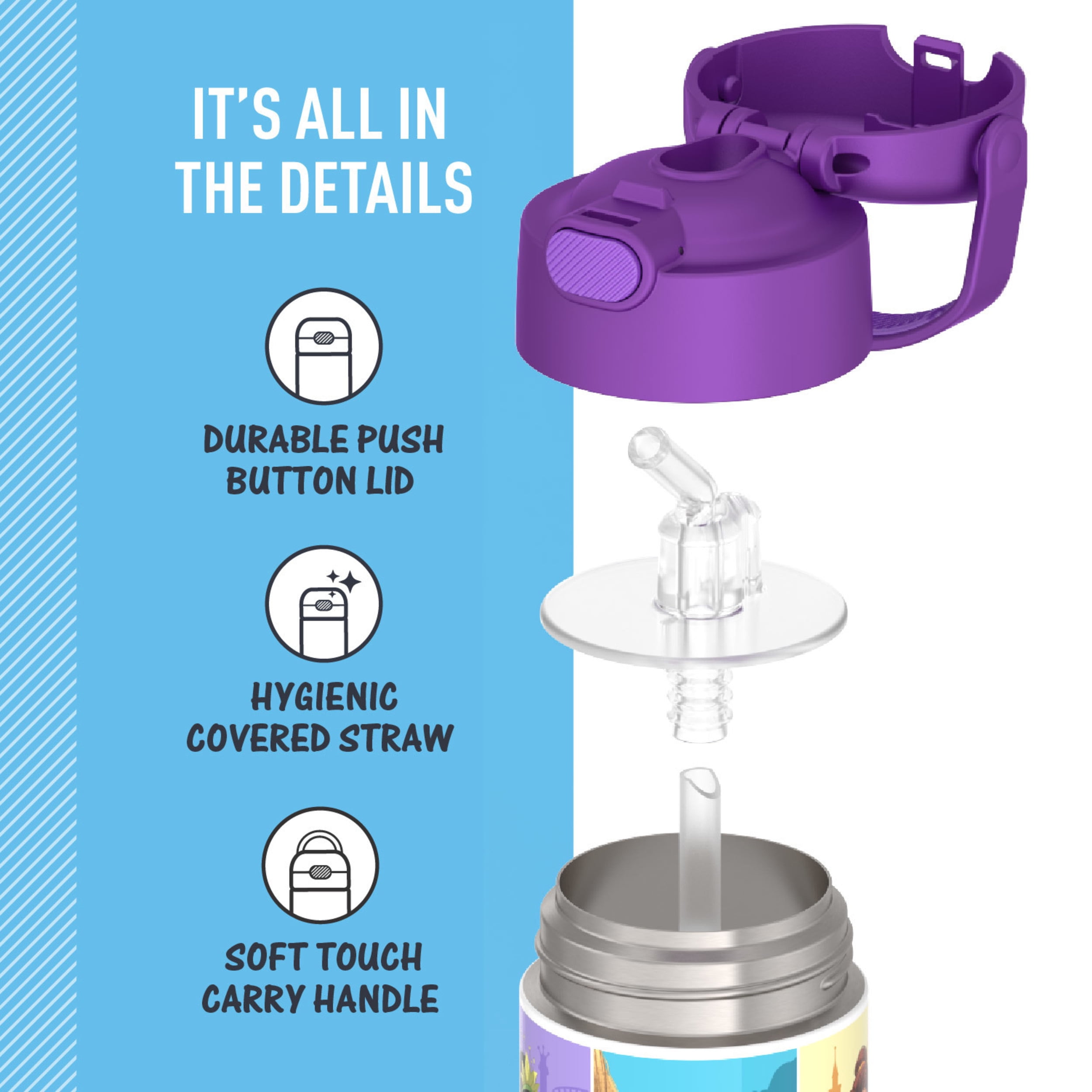 Thermos Kids Stainless Steel Funtainer Water Bottle with Straw, Dishwasher Safe, Leak Proof, Princess, 14oz