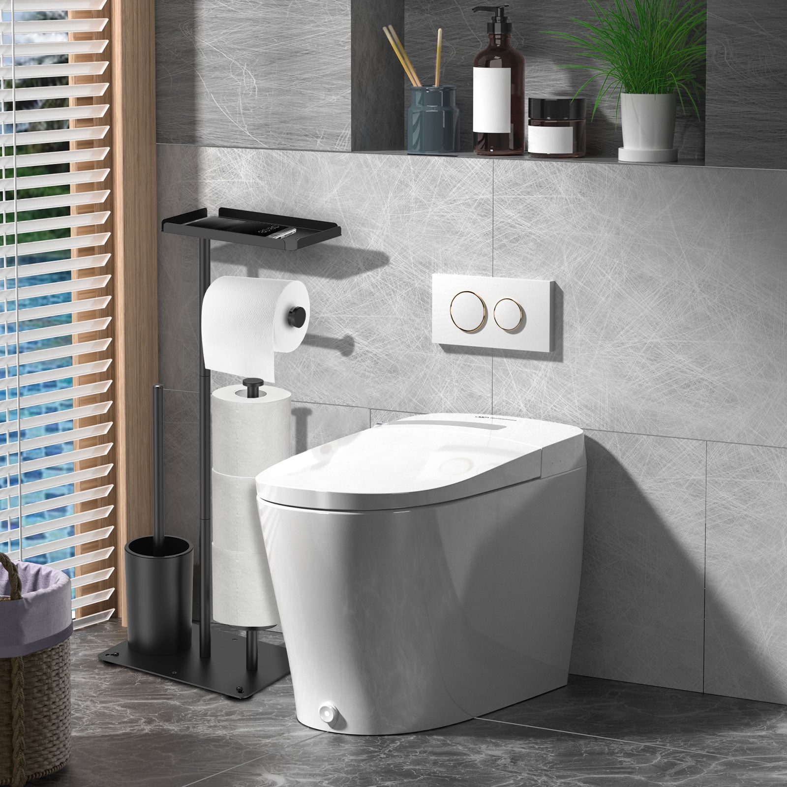Dznils Free Standing Stainless Steel Toilet Paper Holder with Roll Reserve, Toilet Brush and Top Storage Shelf, Black