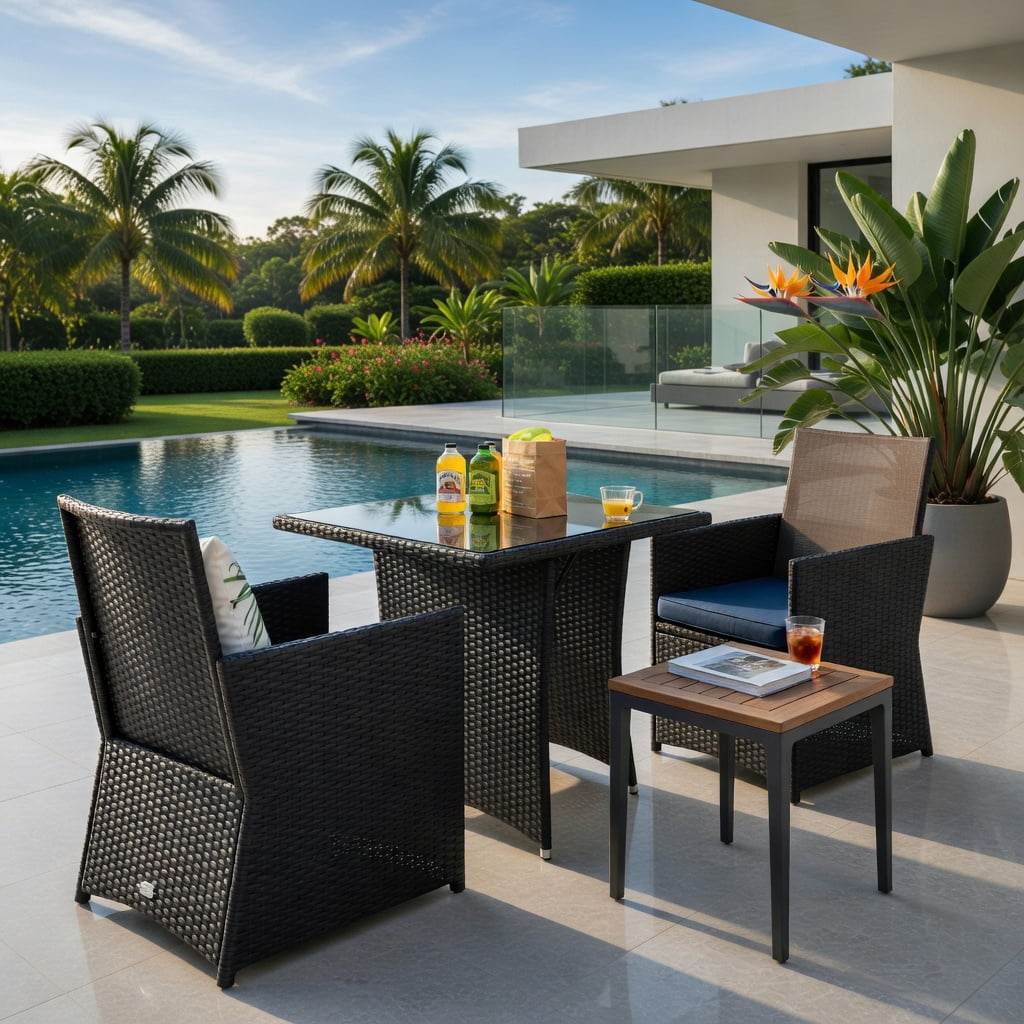 Hommoo 3-Piece Outdoor Rattan Patio Furniture Set, Steel Frame, Tempered Glass Table, Ergonomic Armchairs with Removable Cushions, Navy