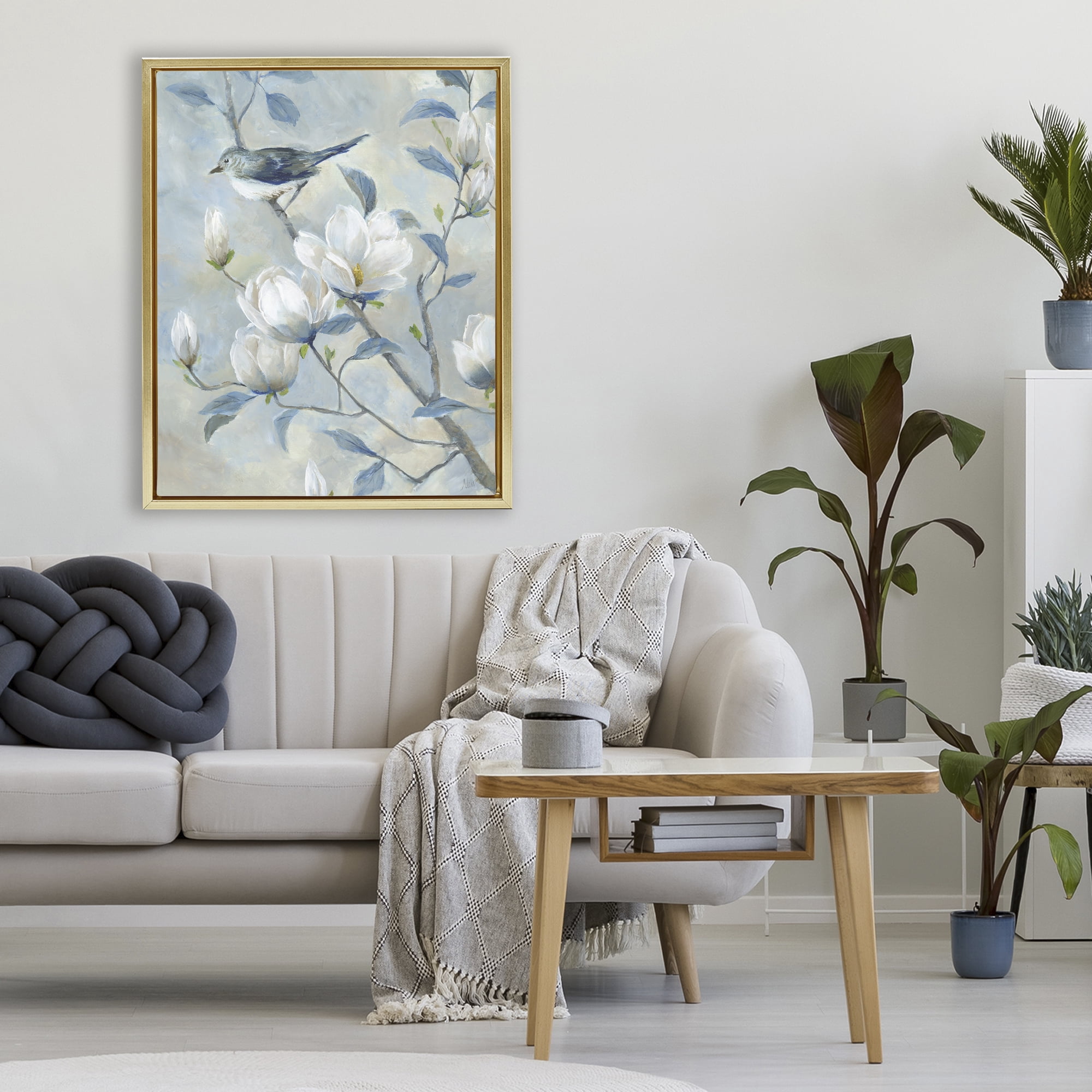 Stupell Industries Blue Bird in Magnolia Tree Gold Framed Floater Canvas Wall Art, design by Nan