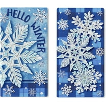 Hello Winter Snowflake Kitchen Dish Towels Set of 2, Blue Plaid Check Drying Hand Towels Baking Cooking Cloth, Christmas Seasonal Farmhouse Home Kitchen Decoration 18 x 26 Inch