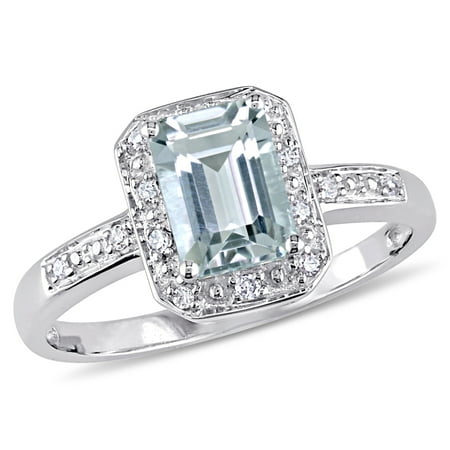 White Gold Cocktail Ring - Tangelo 1 Carat T.G.W. Emerald-Cut Aquamarine and Diamond-Accent 10kt White Gold Halo Cocktail Ring