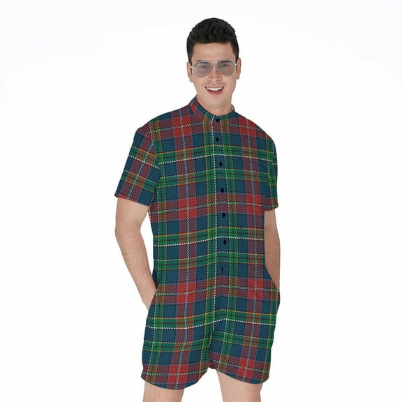 Blue Green And Red Scottish Plaid Short Sleeve Men'S Rompers, Checkered Caro Plaid Tartan Casual Summer Jumpsuits Outfit