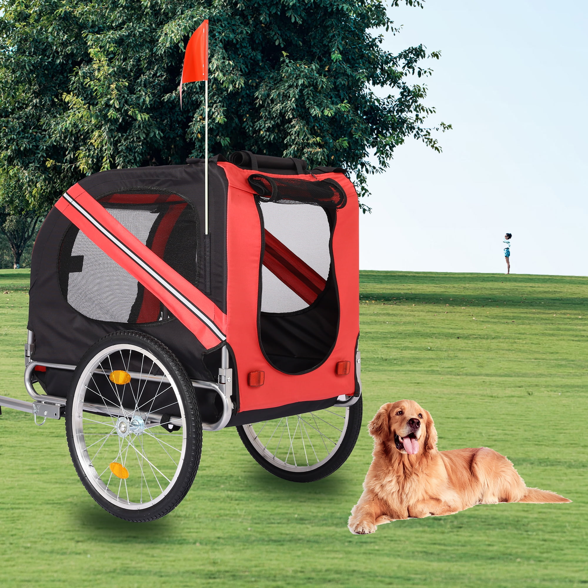 Pefilos 2 in 1 Dog Bike Trailer for Small and Medium Dogs, Pet Stroller Bicycle Carrier w/Hitch, Suspension, Visibility Flag and Reflectors, 55lb Weight Capacity, Red Pefilos 2 in 1 Dog Bike Trailer for Small and Medium Dogs, Pet Stroller Bicycle Carrier w/Hitch, Suspension, Visibility Flag and Reflectors, 55lb Weight Capacity, Red