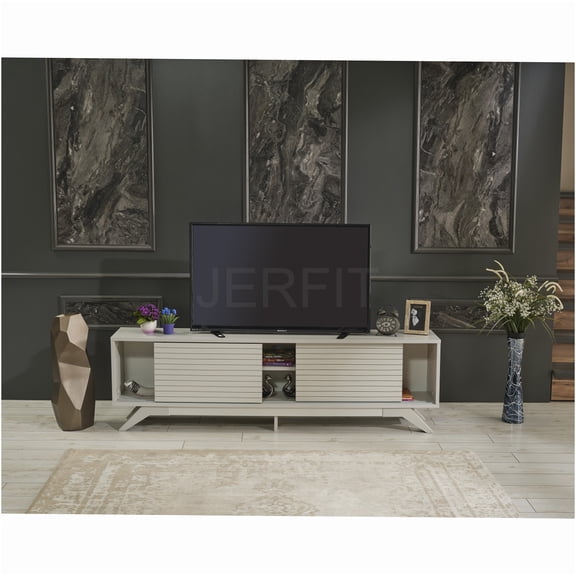 JERFIT 67 inch Mid Century Modern TV Stand with Sliding Doors, Solid Wood Entertainment Center, Grey