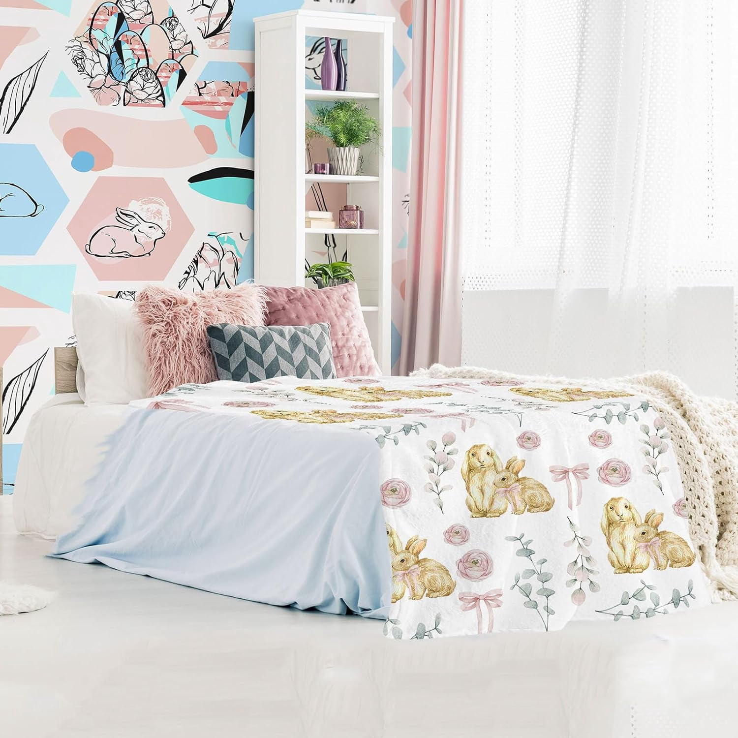 Luxury Plush Easter Blanket Cute Bunny Pink Bud Bow Tie Eucalyptus Leaves Throw Blanket for Couch,Lightweight Soft and Warm Throws Blankets for Sofa Bed Living Room in Spring 40"x50"