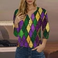 thumbnail image 2 of Moxiu Mardi Gras Shirts Women New Orleans Carnival Theme Shirts 3/4 Sleeve Henley Buttons V Neck Blouse Tshirt Parade Costume Tops 2025 Purple,L, 2 of 5