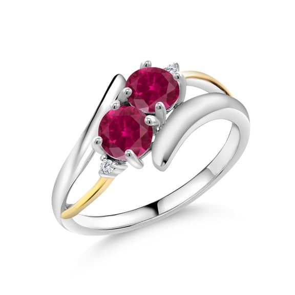 Gem Stone King 2.02 Ct Round Red Created Ruby 925 Silver and 10K Yellow Gold Lab Grown Diamond Two Stone Crossover Ring (Size 5)