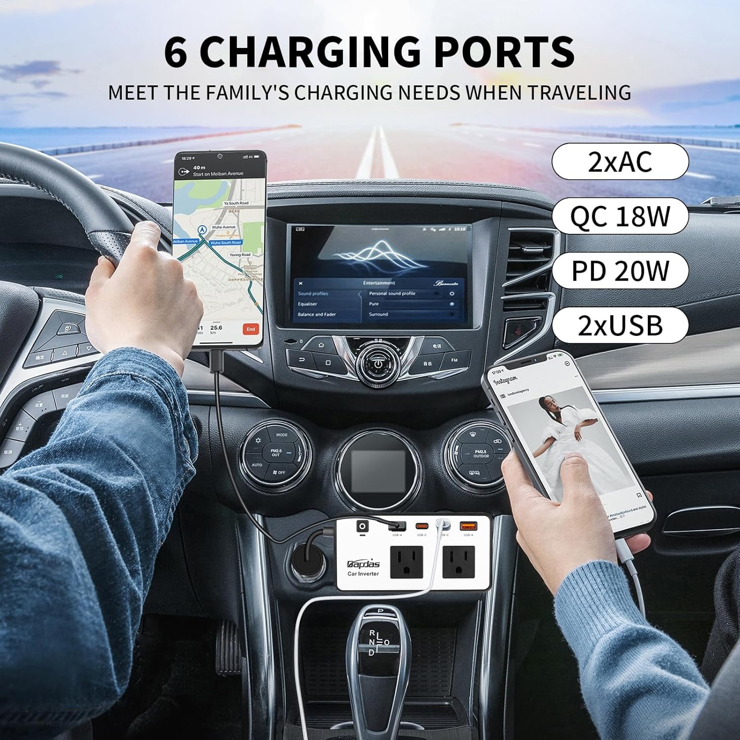 200W Car Power Inverter, DC 12V to 110V AC Car Outlet Adapter Plug, 24W Fast Charging USB-C&USB-A, Portable Charger Converter for Laptops, Phones