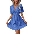 thumbnail image 3 of Women Summer Casual Floral Print Short Flutter Sleeve Mini Dress Casual Sundress V Neck Sun Dresses Blue XL, 3 of 9
