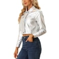 thumbnail image 4 of INSPIRE CHIC Women's Holographic Shiny Biker Button Down Metallic Jacket M Silver, 4 of 6