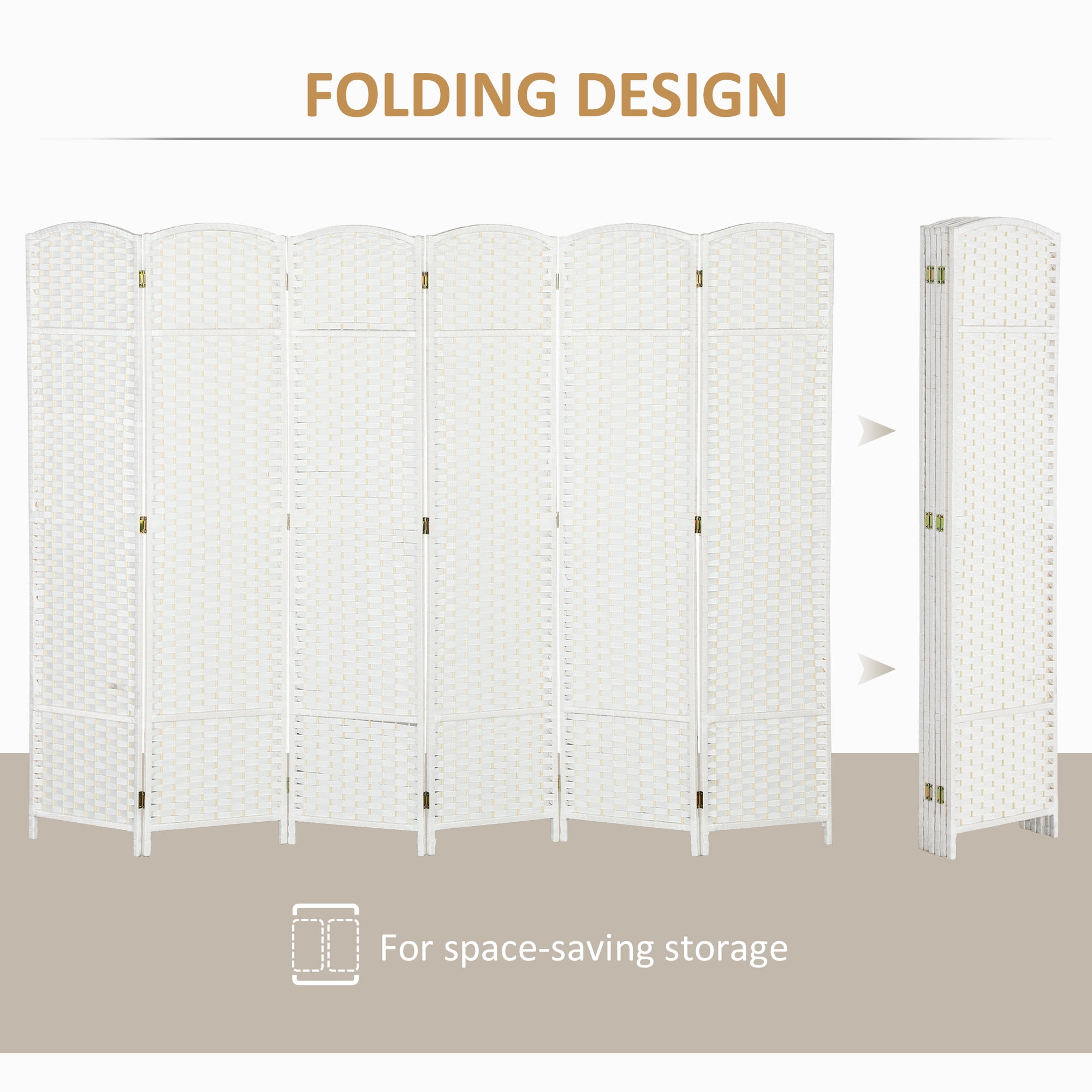 HOMCOM Room Divider, 6 Panel Folding Privacy Screen, 5.6' Tall Freestanding Partition for Home Office, Bedroom, White
