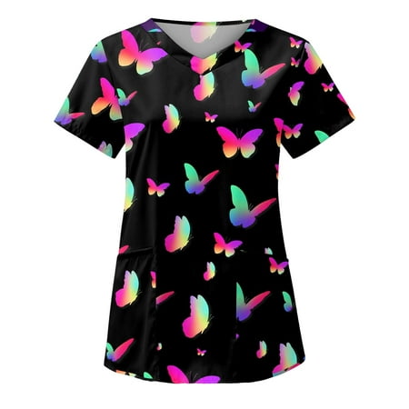 

Sksloeg Scrub Tops for Women Stretchy Butterfly Printed Top Short Sleeve V-Neck Shirts Tee Tops with Pockets Nursing Working Uniform Black S