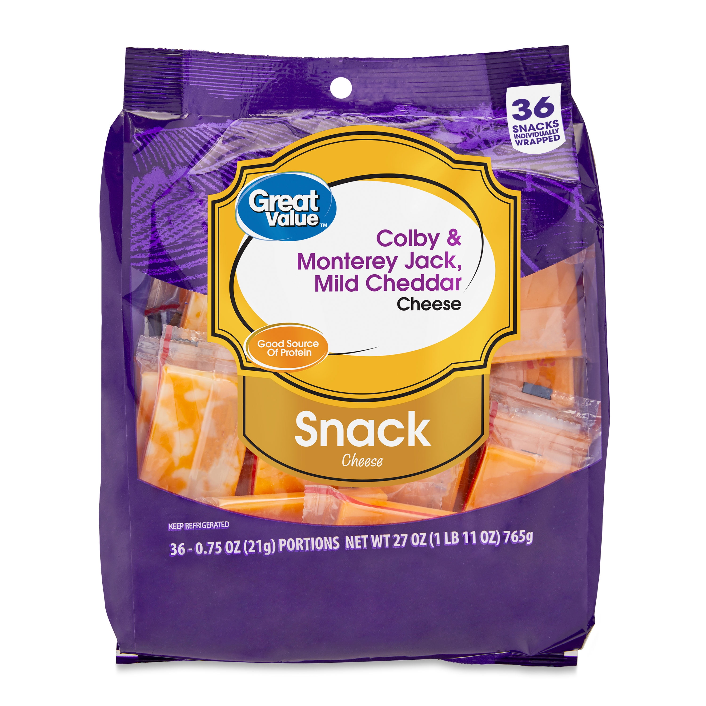 Great Value Colby & Monterey Jack Snack Cheese, 27 oz, 36 Count