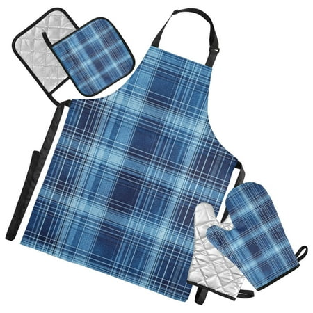 Blue Plaids Apron Set with Oven Mitts Pot Holders Set of 5 Kitchen Stuff Accessories
