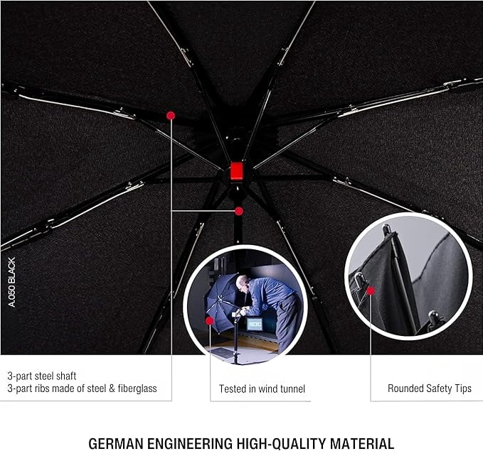 Knirps AS.050 Slim Manual Folding Rain Umbrella in Black – 38" Lightweight Fiberglass 6-Rib Pocket Canopy, Ultra-Compact 6.7oz Travel Size Design, Durable Steel Frame, Travel Case Included